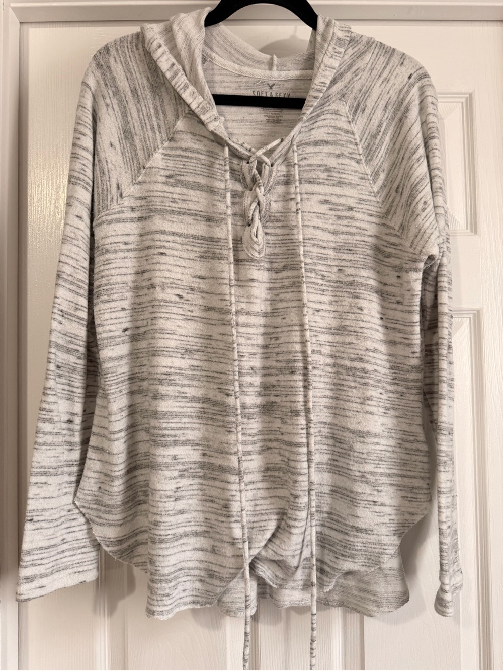 American Eagle Outfitters White & Gray Lace-Up Hooded Pullover